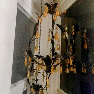 Vintage, Nouveau Stylized, Yellow, Crystal Cut, Hanging, Candle Holders